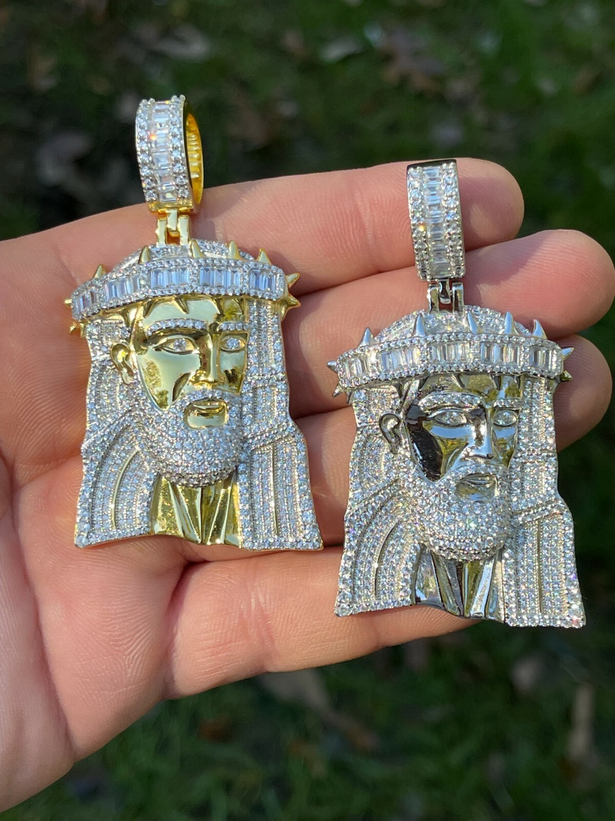 Men’s Large 925 Silver Gold Plated Jesus Piece Iced Hip Hop Necklace Baguette CZ