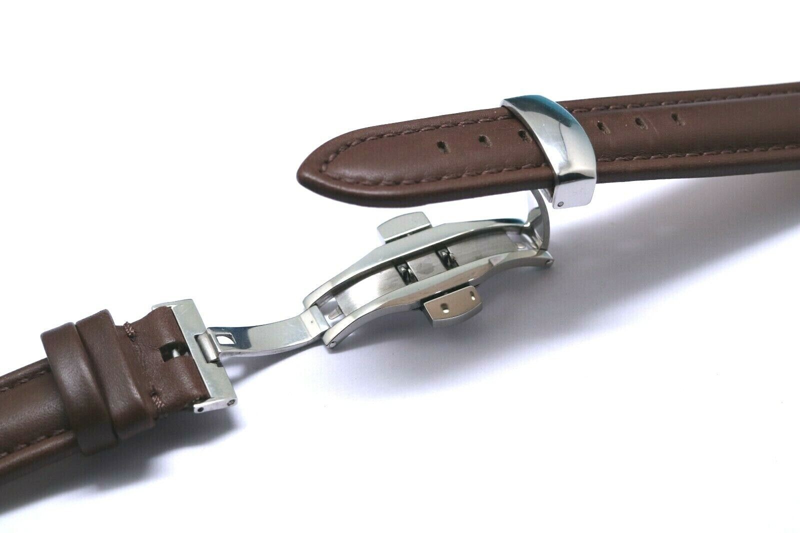 20mm Brown Genuine Leather Watch Band With Silver Push Button Deployant Clasp