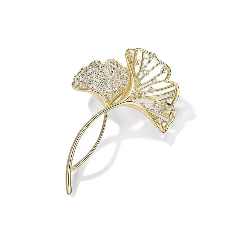Retro Ginkgo Leaf Brooch Pin Rhinestone Floral Plant Corsage for Women Elegant