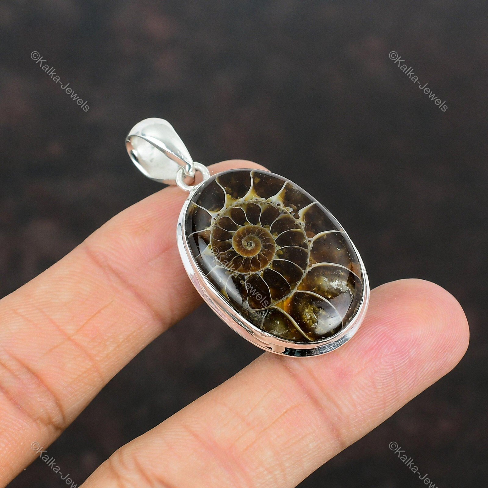 Natural Ammonite Fossil Gemstone Pendant 925 Sterling Silver Indian Jewelry