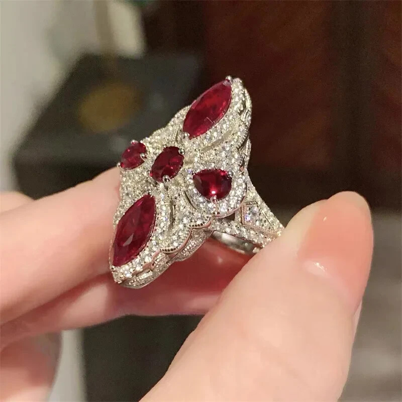 3Ct Marquise Cut Lab-Created Ruby Art Deco Engagement Ring 14K White Gold Plated