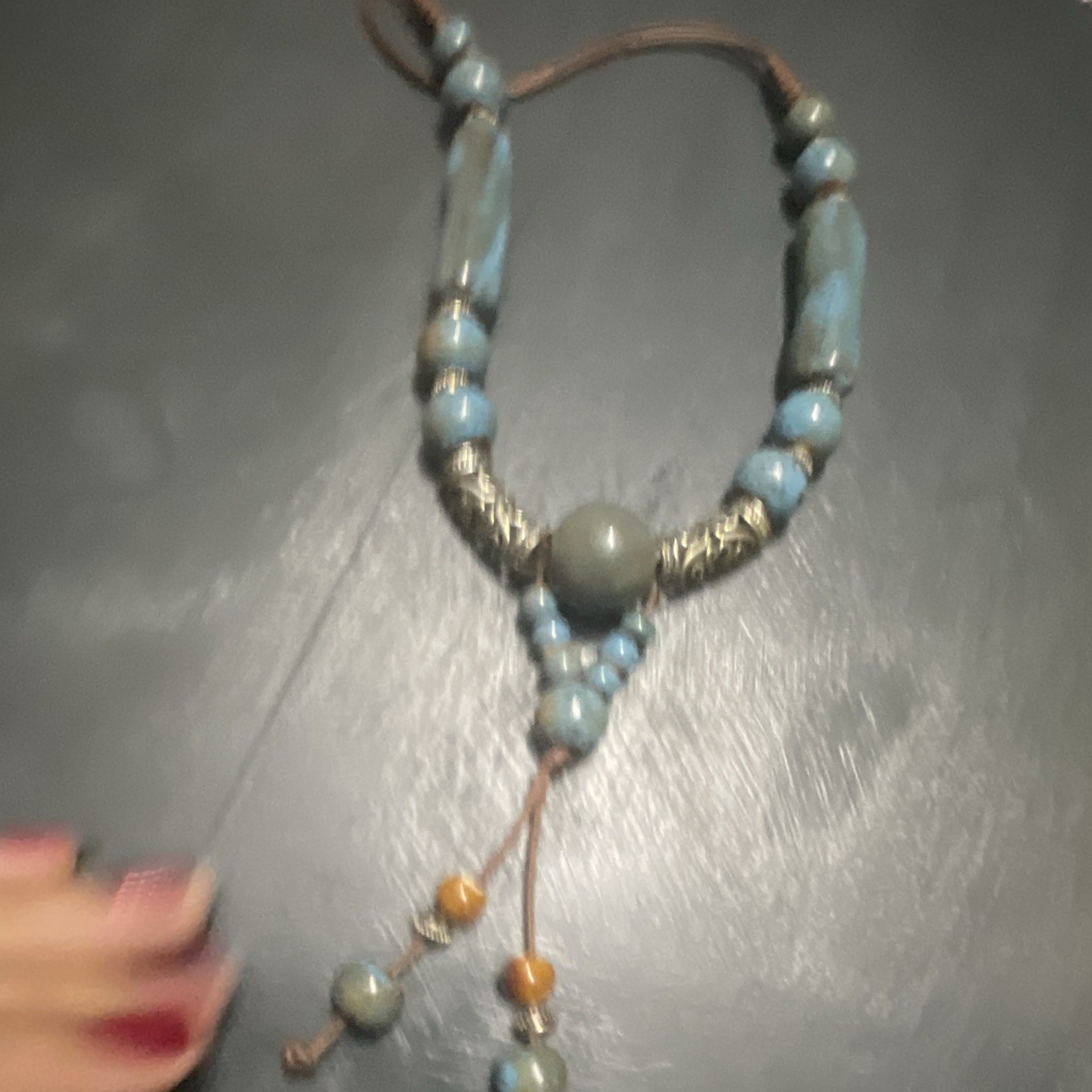 Blue Beaded Cord Necklace w/ Adjustable Closure, Silver Tone Accents & Charm
