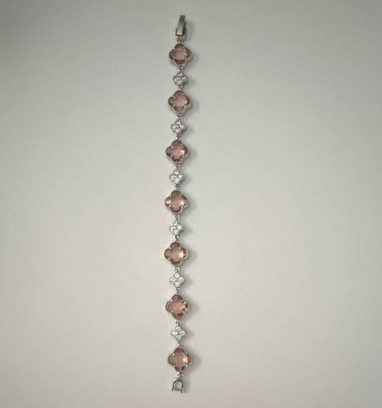 Silver Tone Pink Clover Stone Tennis Link Chain Bracelet with Clear Accents