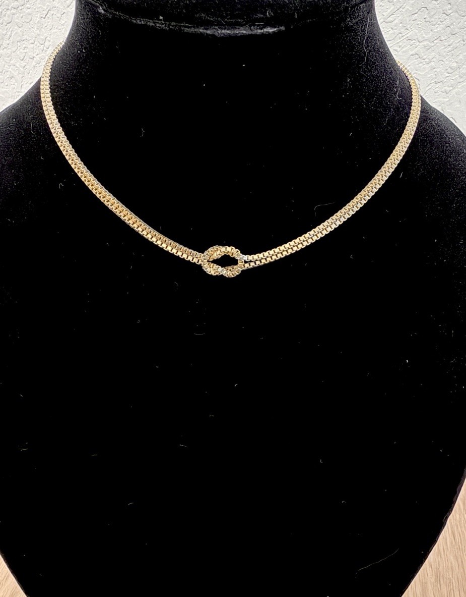 Vintage Gold‑Tone Box Link Double Chain Love Knot Choker Necklace, 16”