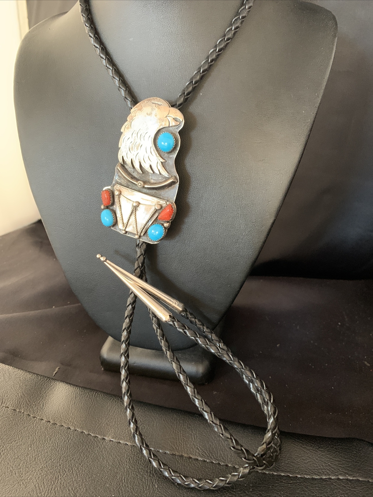 Eagle Head Bolo Tie Mens Blue Kingman Turquoise Coral Sterling Navajo 13670