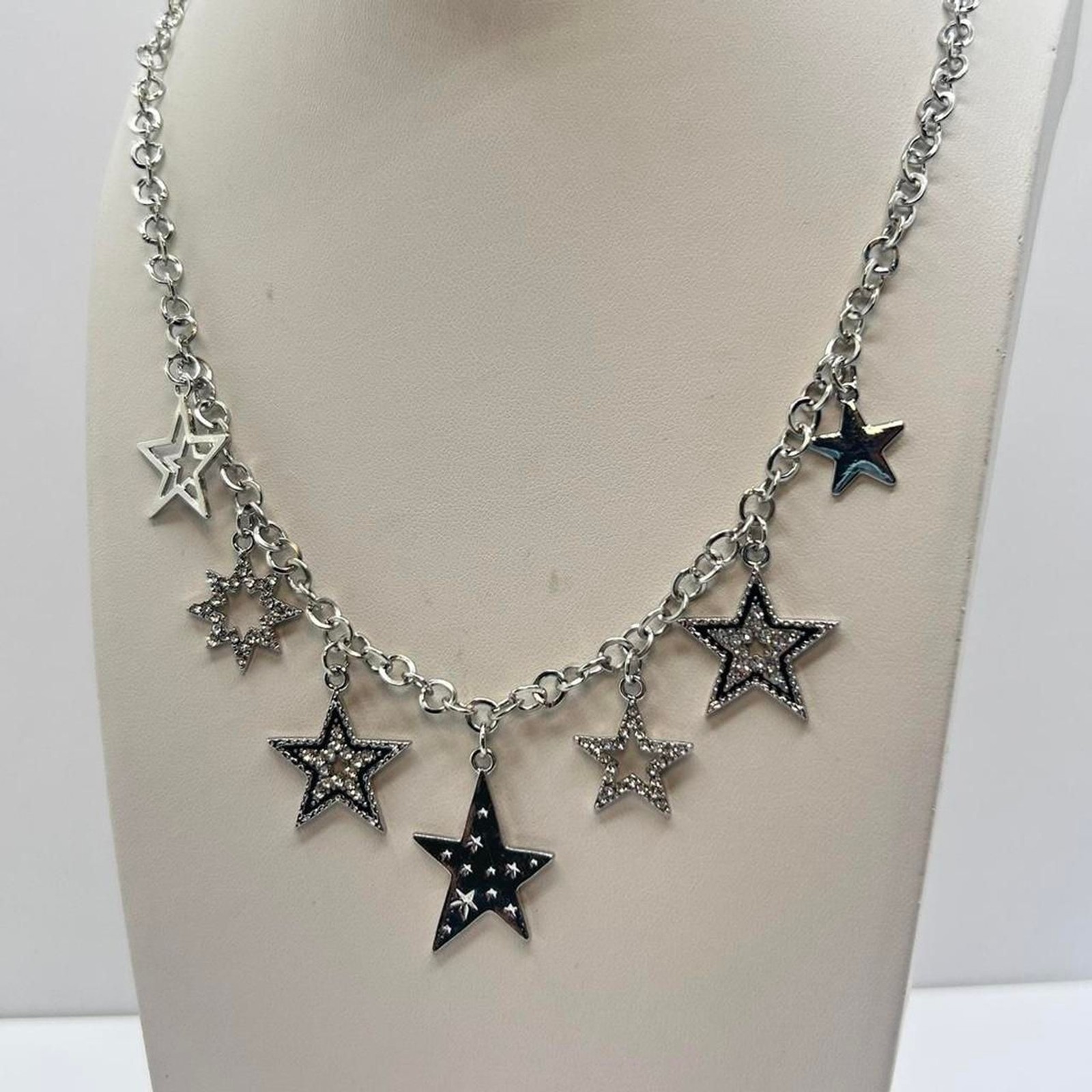 Silver Tone Star Charm Necklace Statement Celestial 19” + Extender