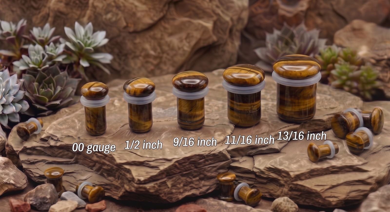 Pair Single Flare Tiger Eye Stone Plugs gauges organic Size 8ga to 5/8 Inch E554