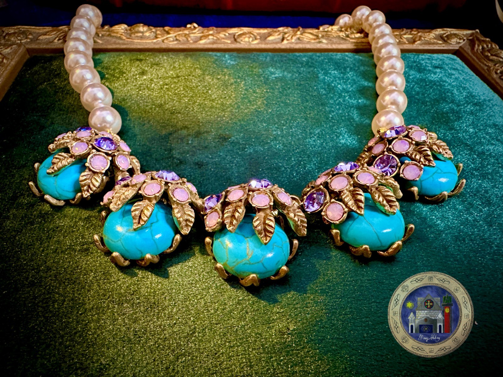 Sea Green Pearl Beaded Floral Vintage Style Necklace Antique Brass Tone