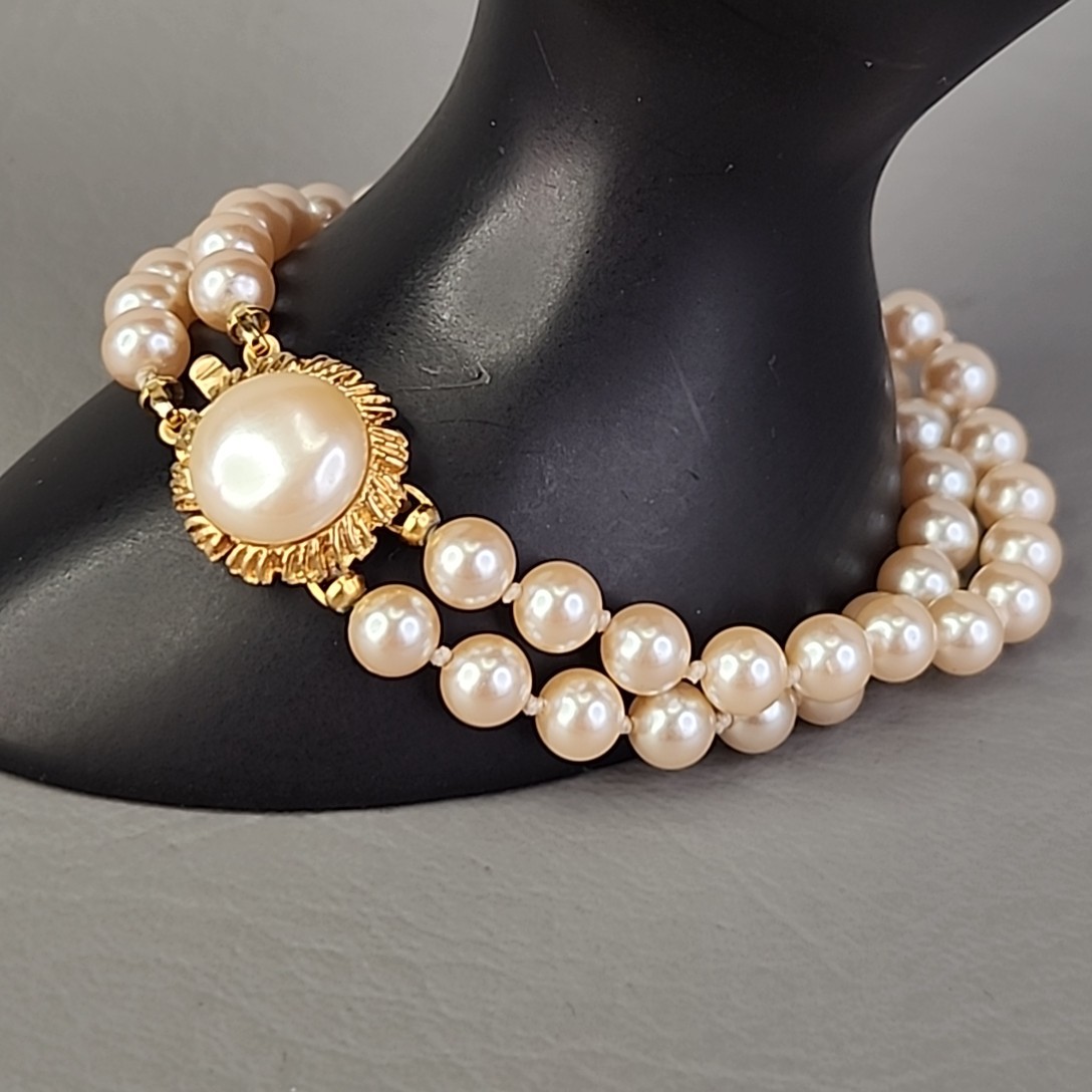 Vintage Faux Pearl Beaded Bracelet Two Strand Cream Knotted Push Lock 7″