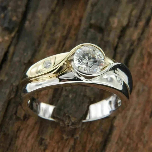 2Ct Round Cut Real Moissanite Solitaire Engagement Ring 14K Two Tone Gold Plated