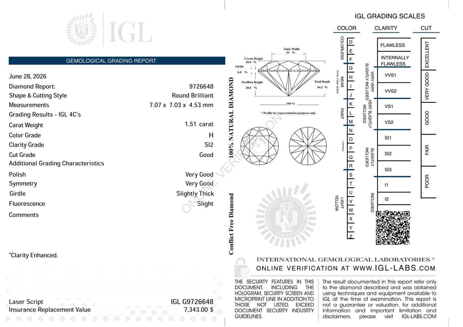 Certified 1.51 Carat H SI2 Round Brilliant Natural Enhanced MINED Diamond 7.07mm