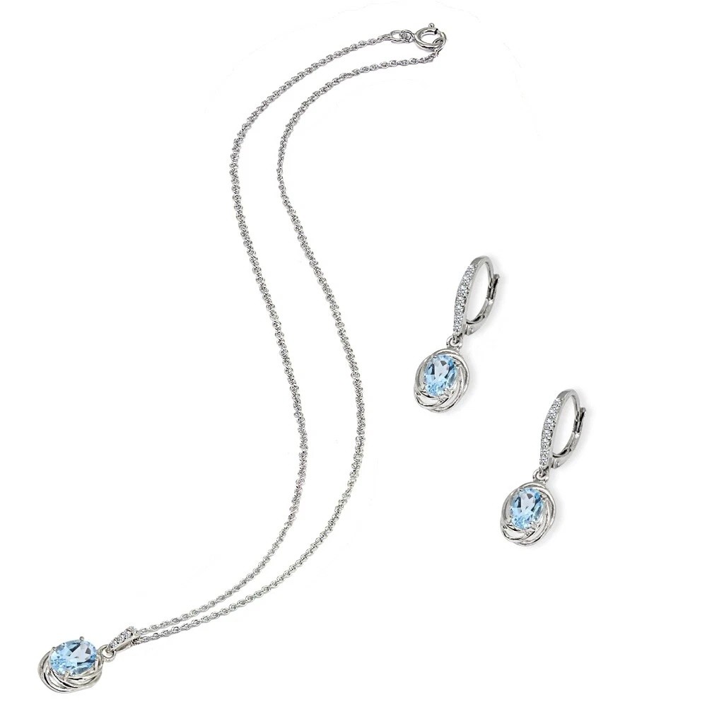 Oval Blue Topaz & CZ Sterling Silver Leverback Earrings & Pendant Necklace Set