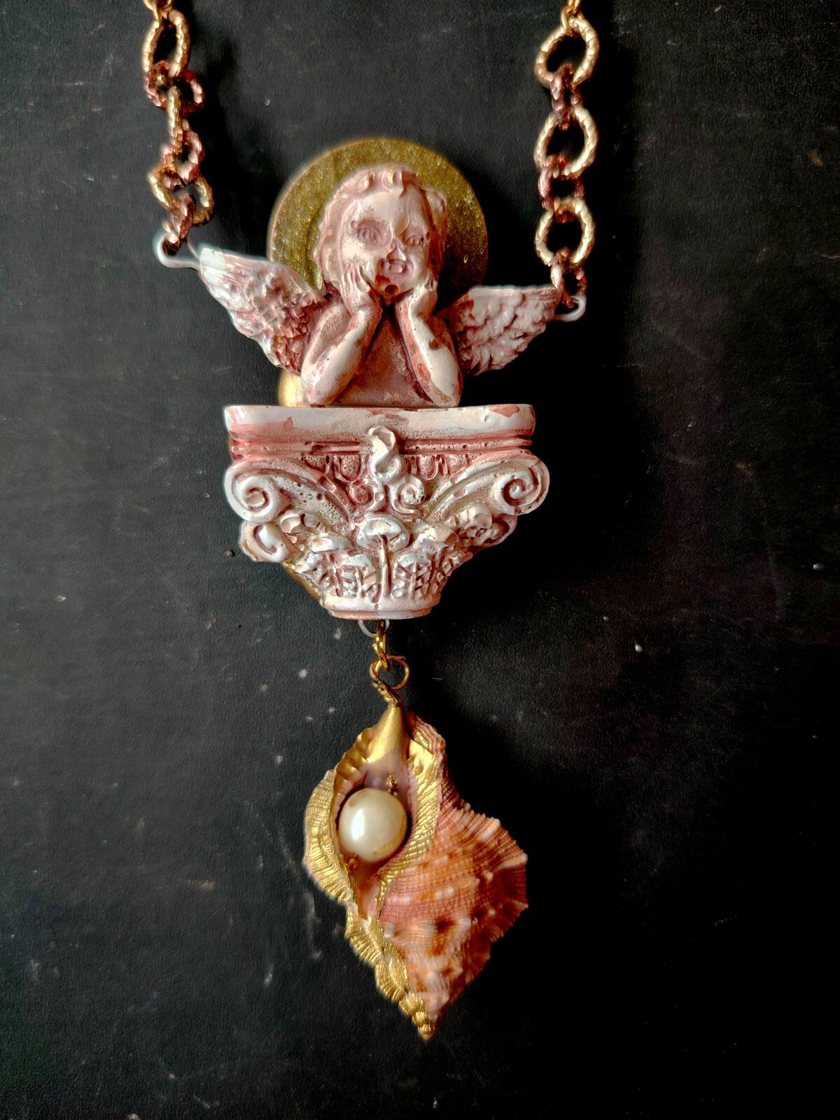 Necklace Winged Angel Cherub Talisman Baroque Pendant Amulet Shell Charm Jewelry