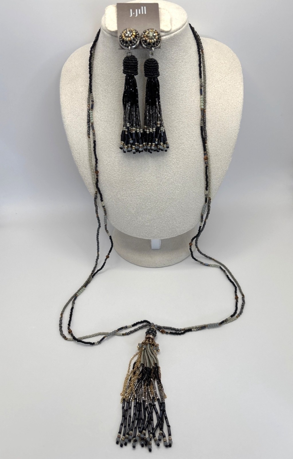 J. Jill Beaded Tassel Long Black Cream 35″ Necklace Matching Earrings Set NEW