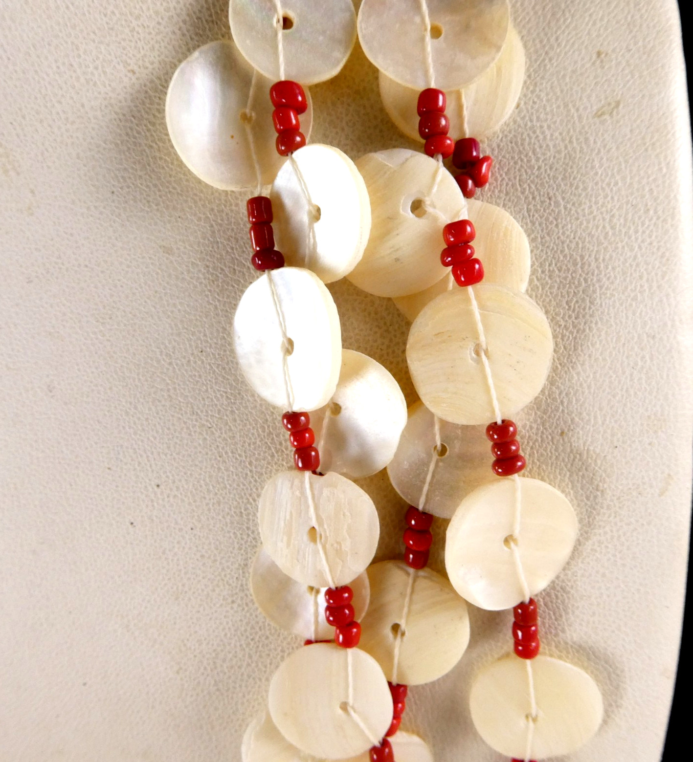 Vintage MOP Shell Disc Button Necklace Multi Strand w/ Coral Seed Beads LOVELY!