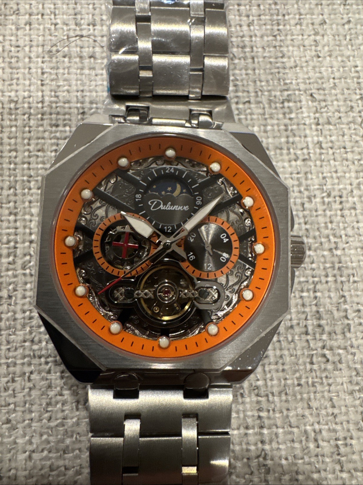 Automatic Skeleton Mechanical Moon phase Men’s Watch Orange Dial Stainless