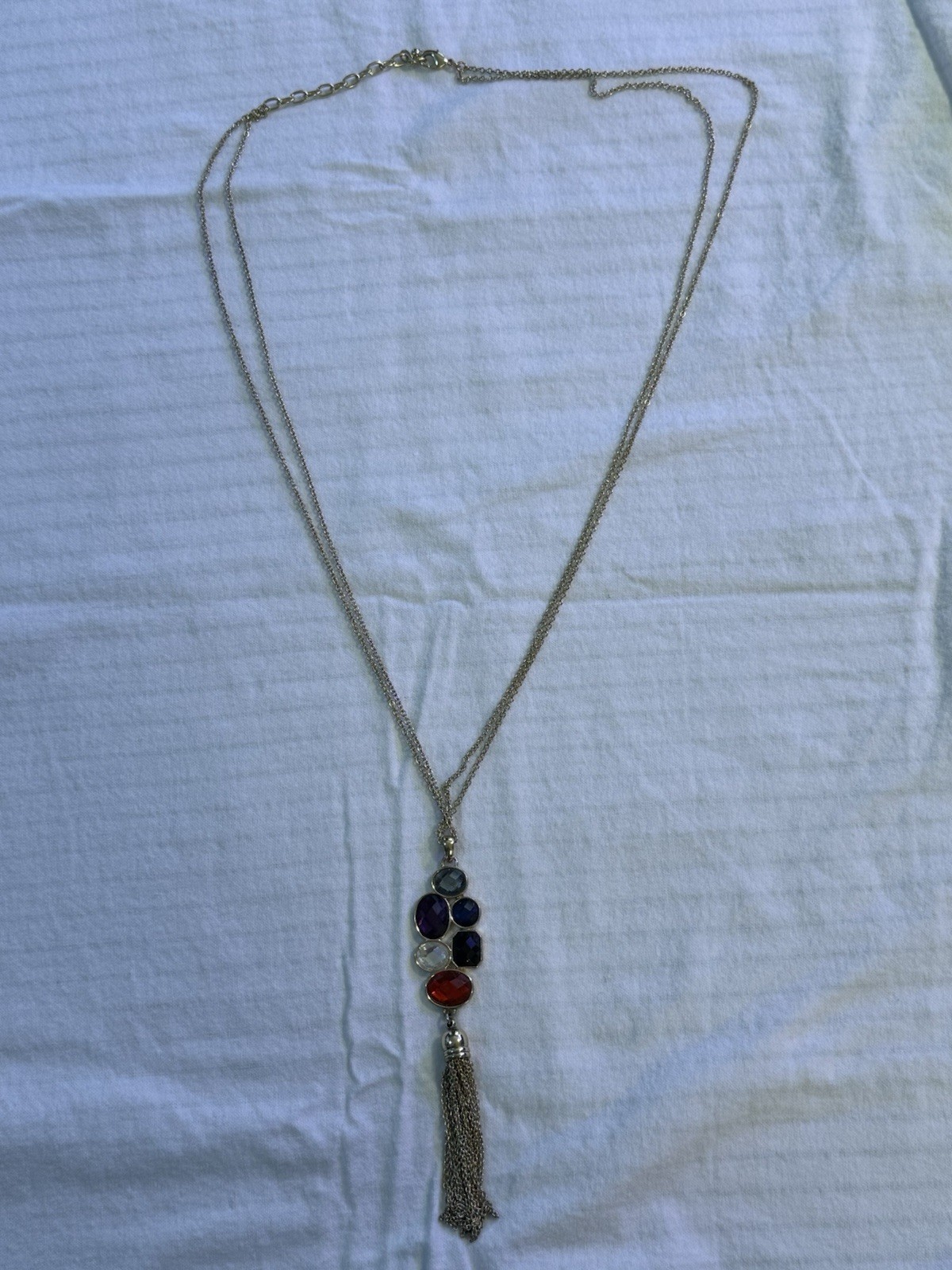 Silver Tone Lariat Pendant Necklace w/ Multicolor Oval Cabochon Tassel