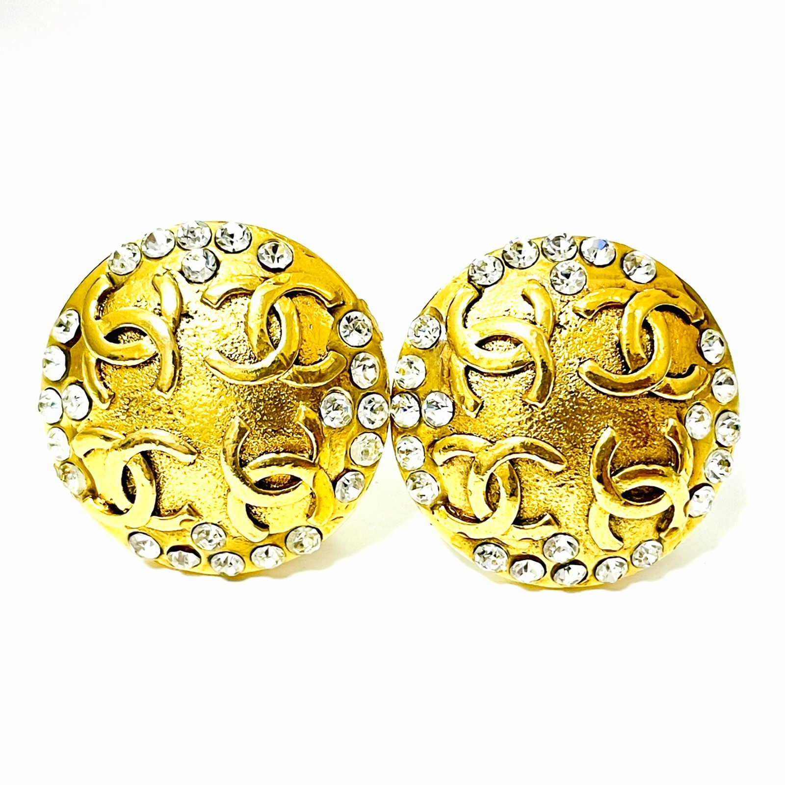 CHANEL 23 Coco Mark Rhinestone Earrings Gold CC Logo Vintage Clip-On JAPAN