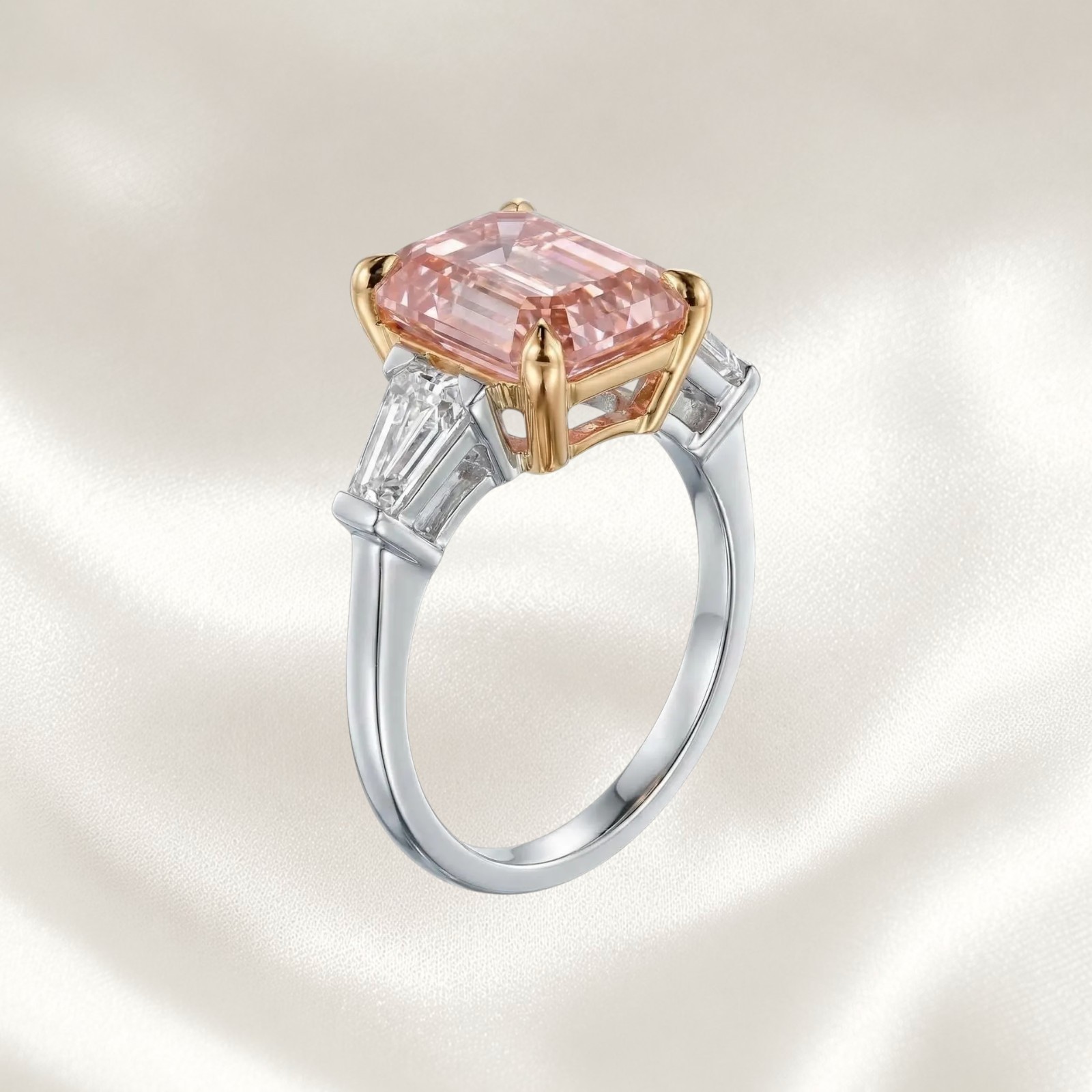 Fancy Vivid Pink IGI Lab Created Diamond Ring 2.30 CT Emerald Cut 18K Multi Gold