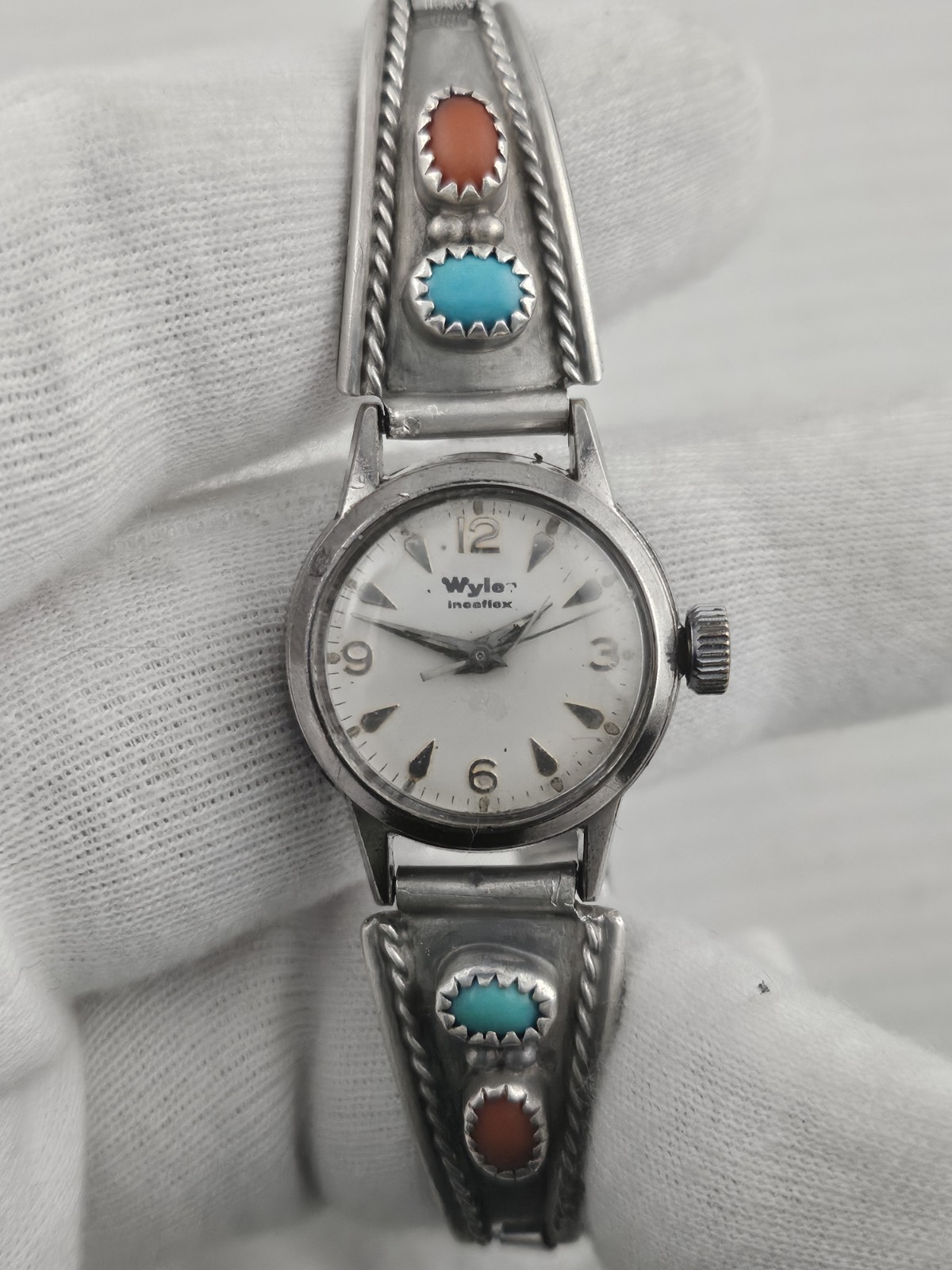 Rare Ladies Vintage Wyler Incaflex Watch Silver Navajo Band Coral Turquoise