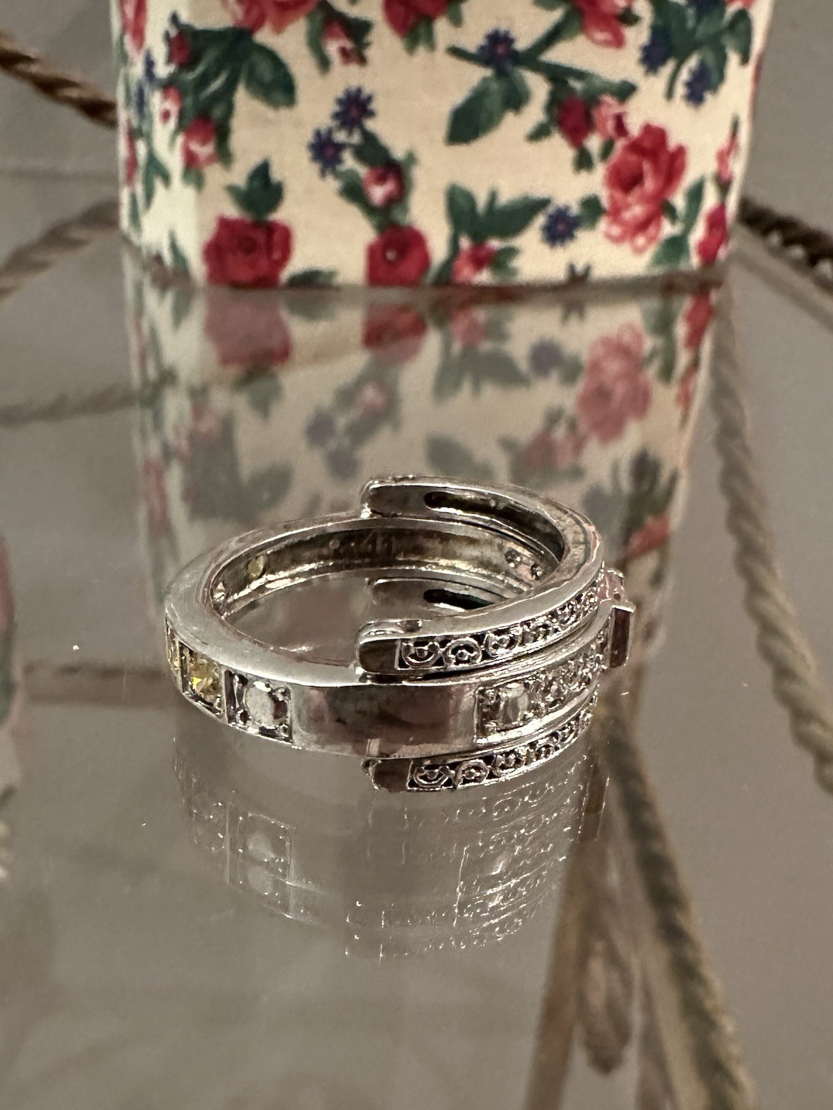 Vintage Avon Silver Tone Flip Ring with Multi Color Rhinestones Signed RJ Sz 10