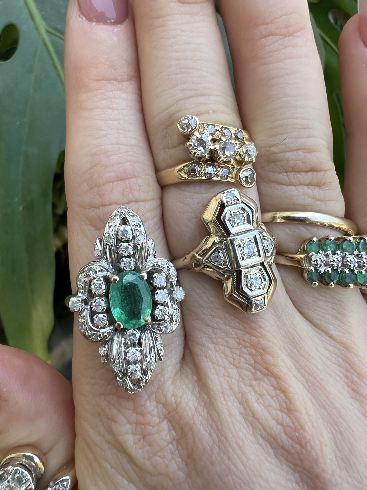 STUNNING 1ct EMERALD ring 14k white gold MANY diamonds MAY birthday ART DECO