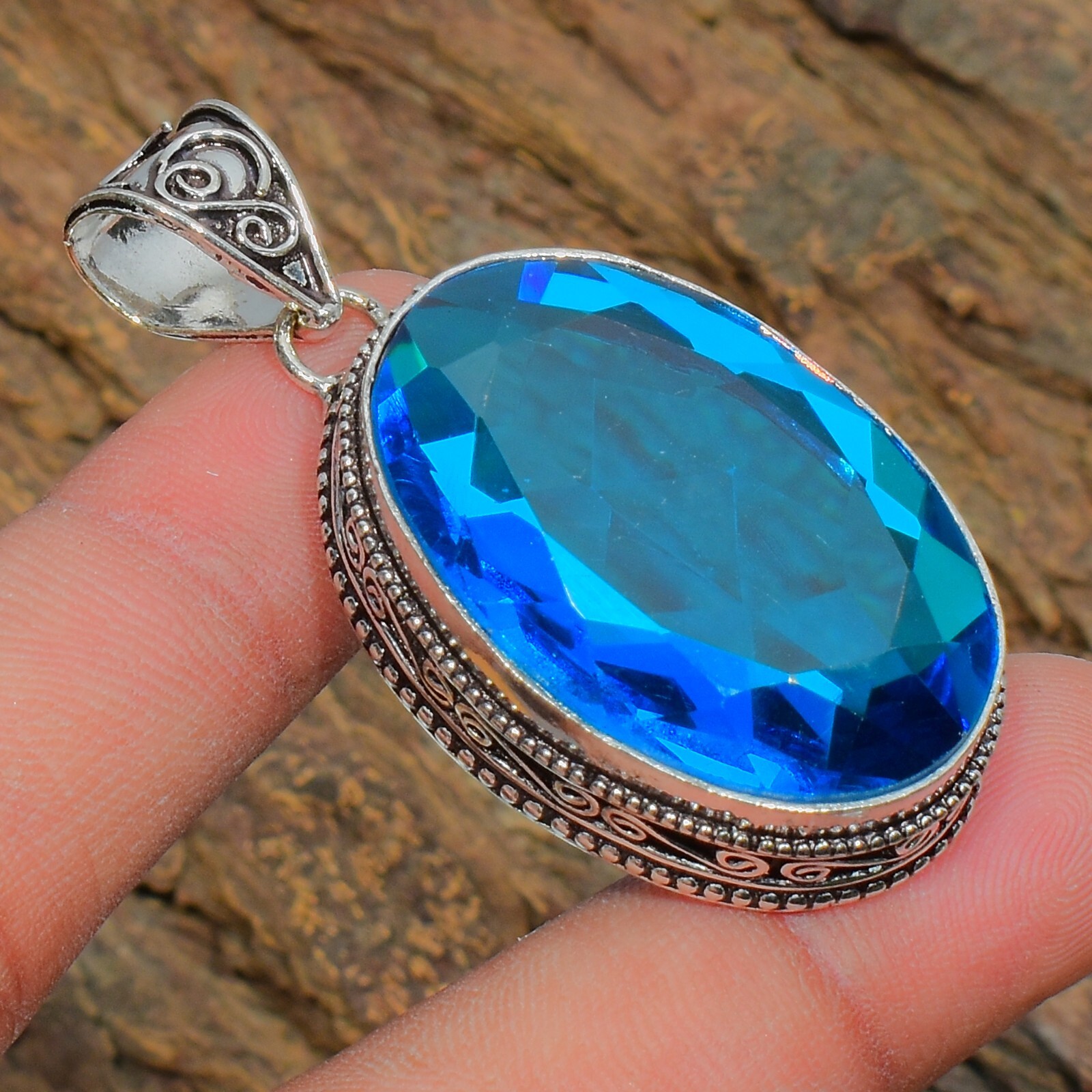 London Blue Topaz Gemstone Handmade 925 Sterling Silver Oval Cut Jewelry Pendant