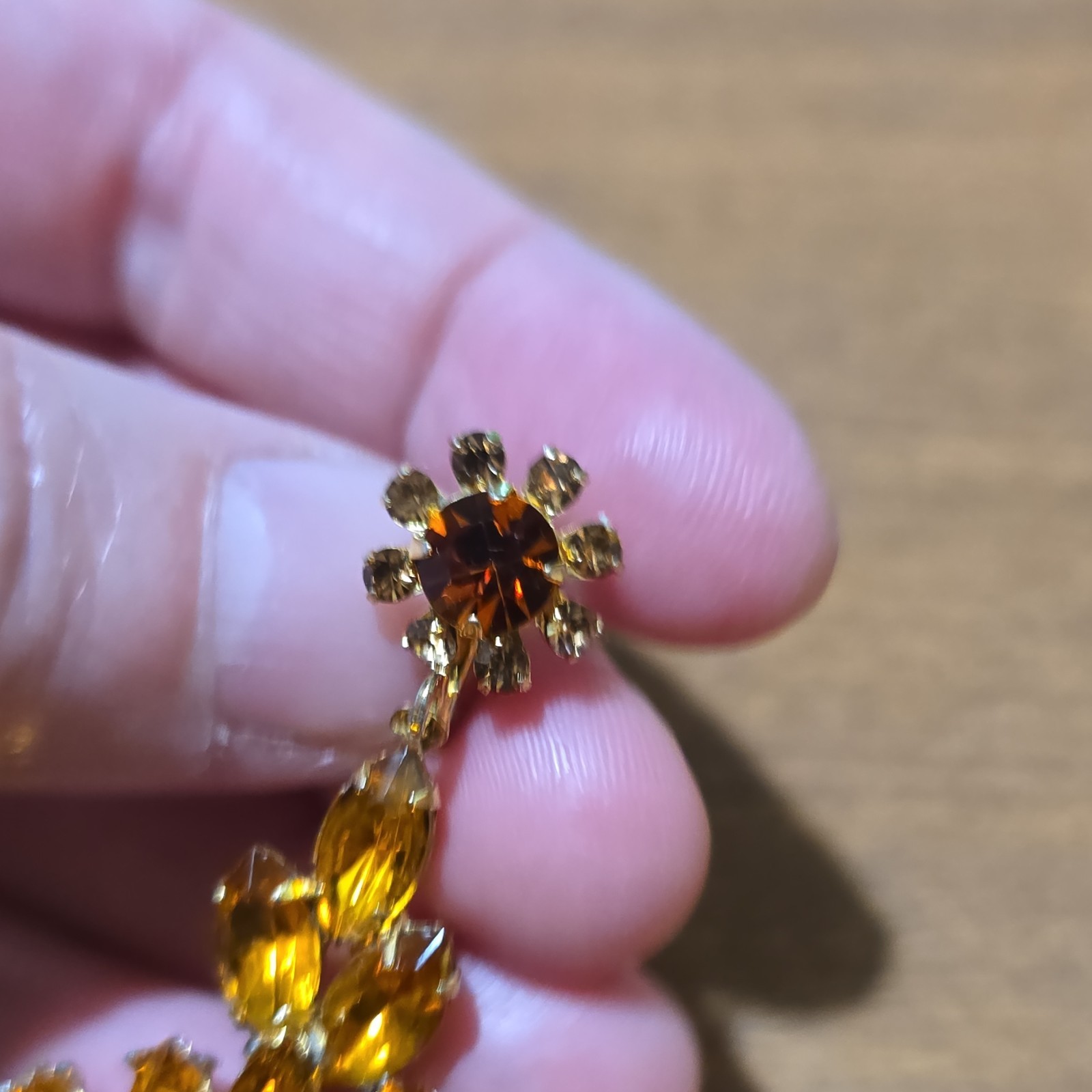 Gorgeous Midcentury Gold Tone Faux citrine Rhinestone Chandelier Pendant.