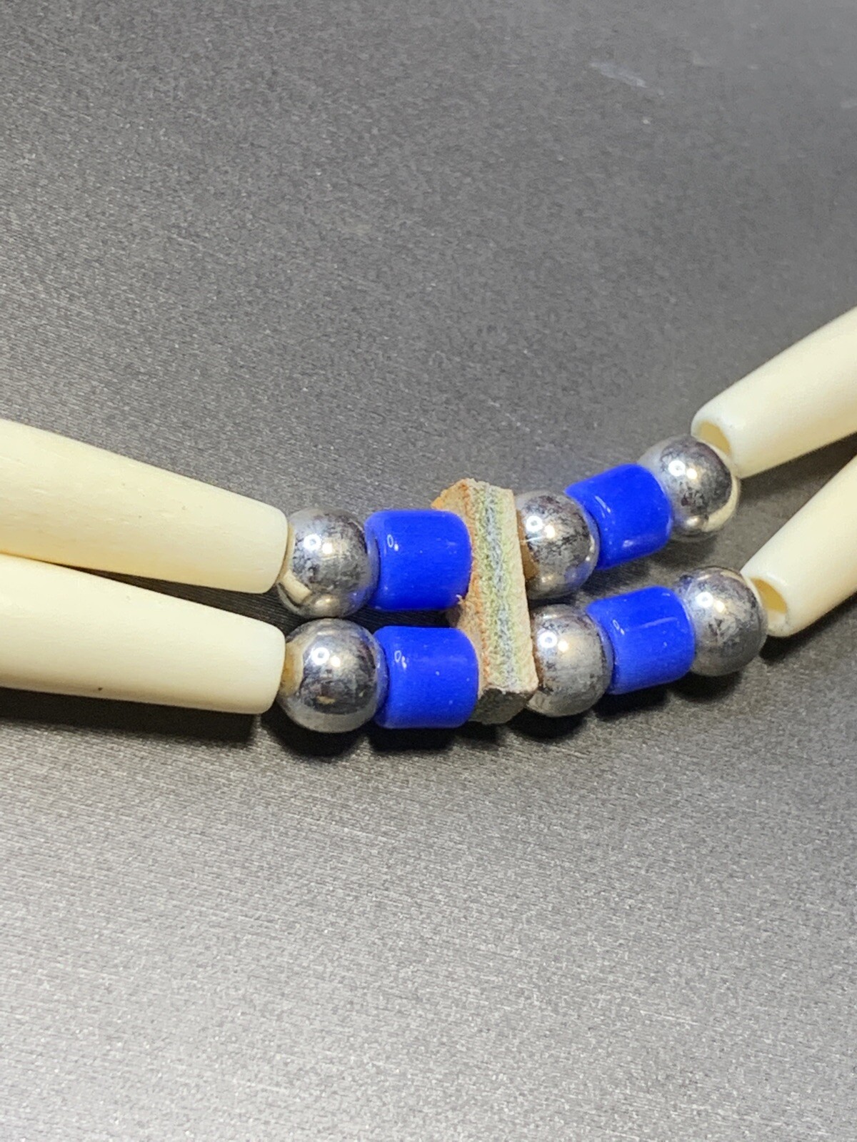 Signed DS Native American Blue Leather beaded tie on choker necklace
