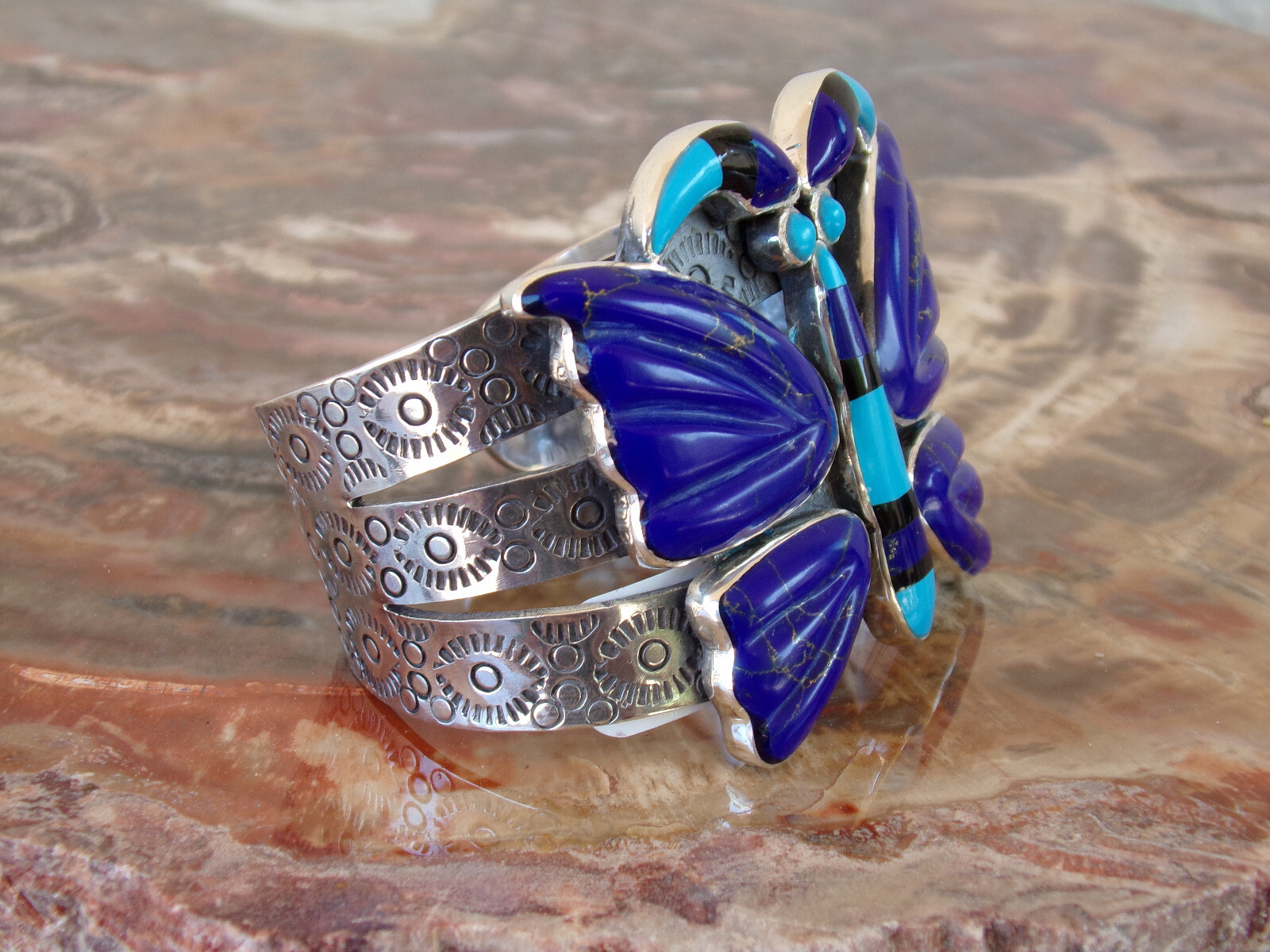 FEDERICO JIMENEZ Sterling & Natural Lapis -Turquoise Butterfly Bracelet 6 3/8 In
