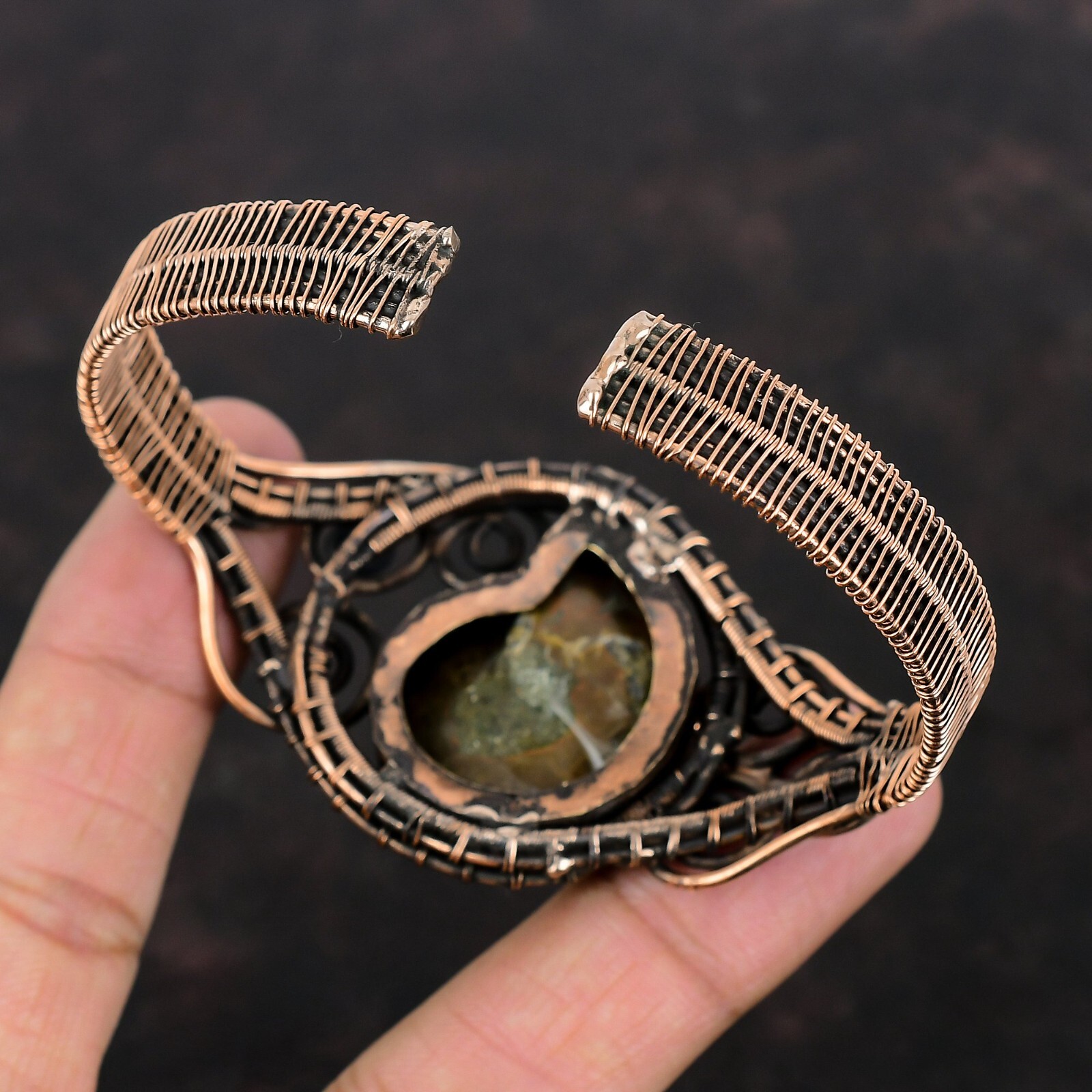 Ammonite Fossil Jewelry Copper Gift For Mom Wire Wrapped Adjustable Bangle