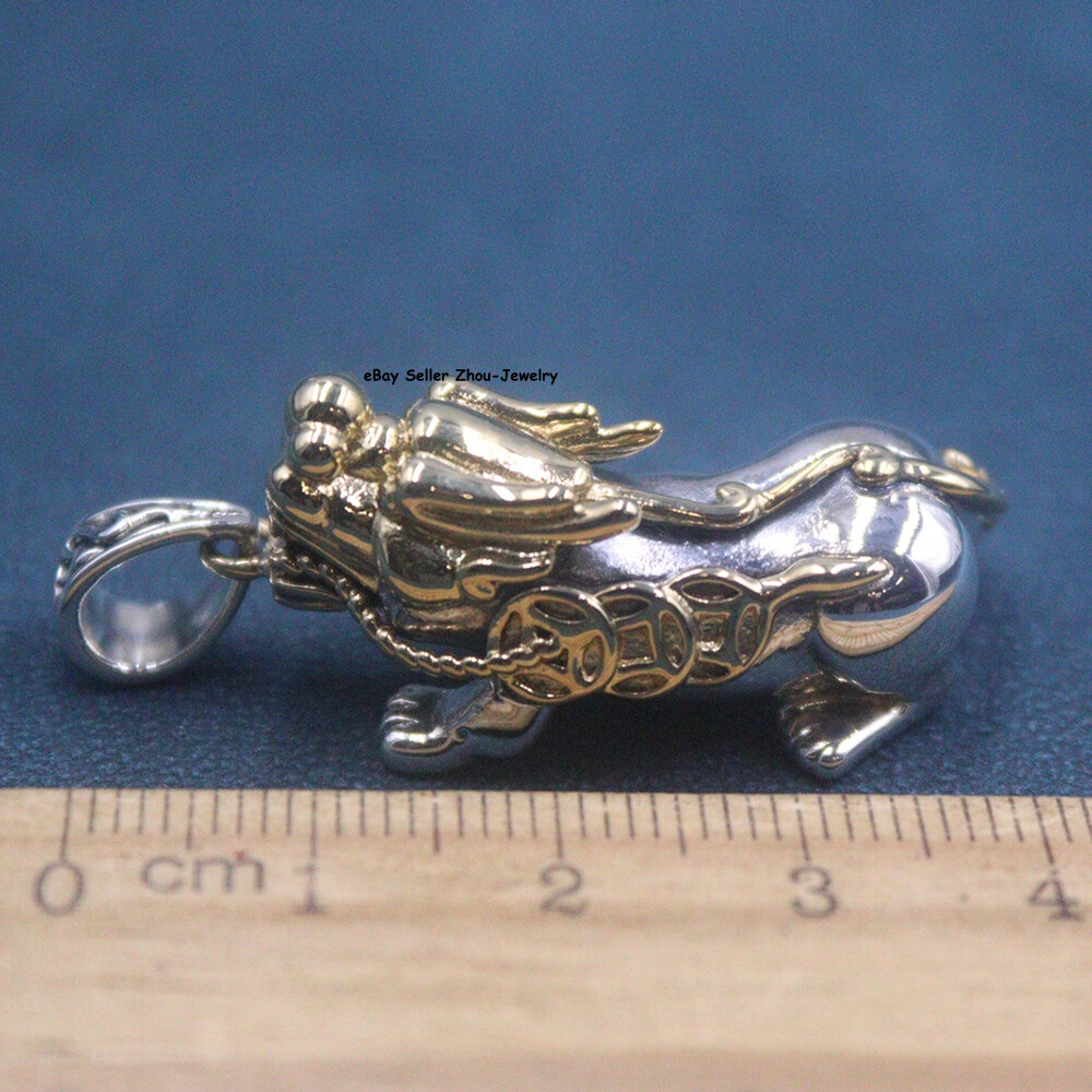 Real S925 Sterling Silver Lucky Coin Two Tone Dragon Pixiu Pendant 43*18mm