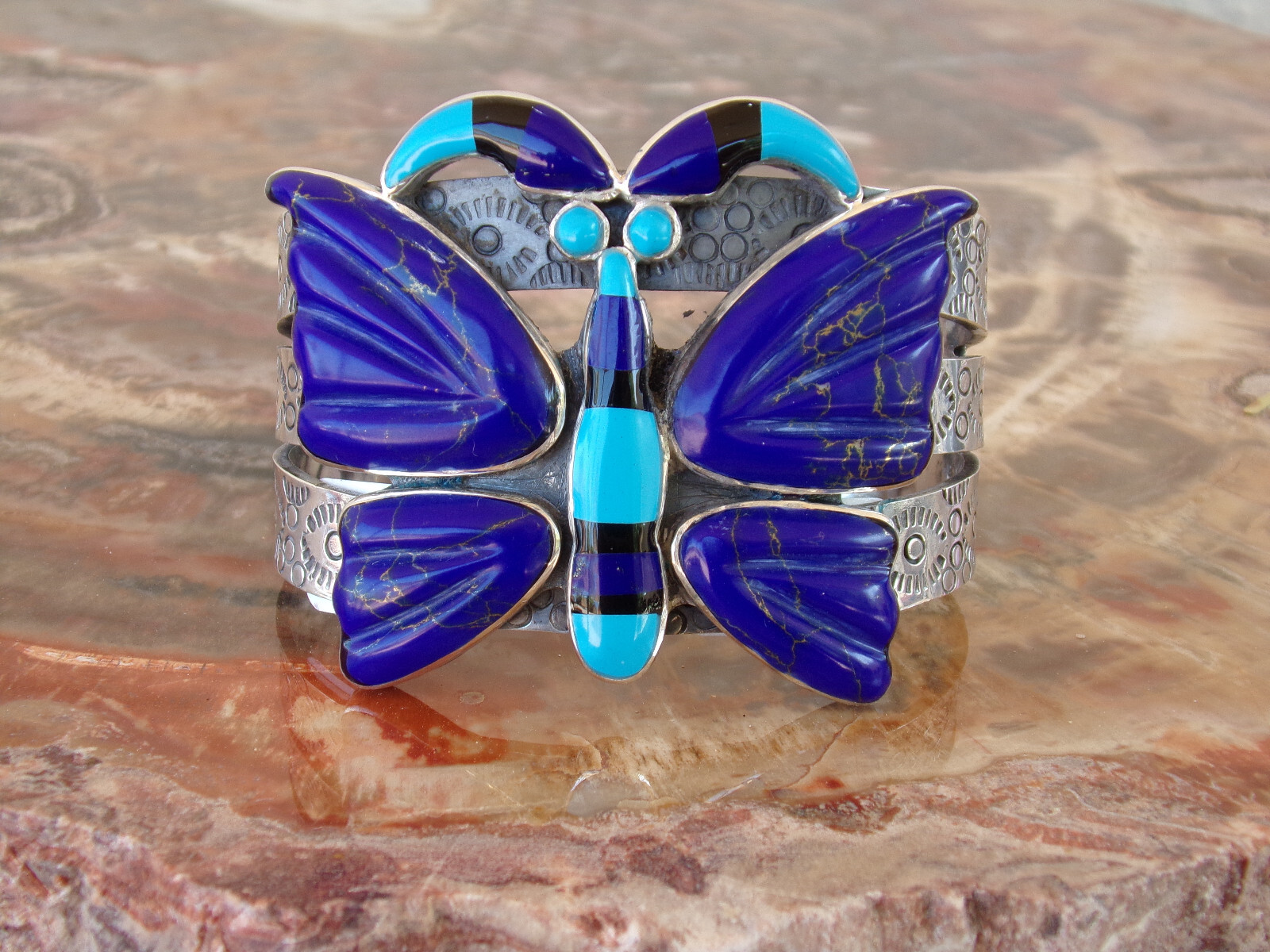 FEDERICO JIMENEZ Sterling & Natural Lapis -Turquoise Butterfly Bracelet 6 3/8 In