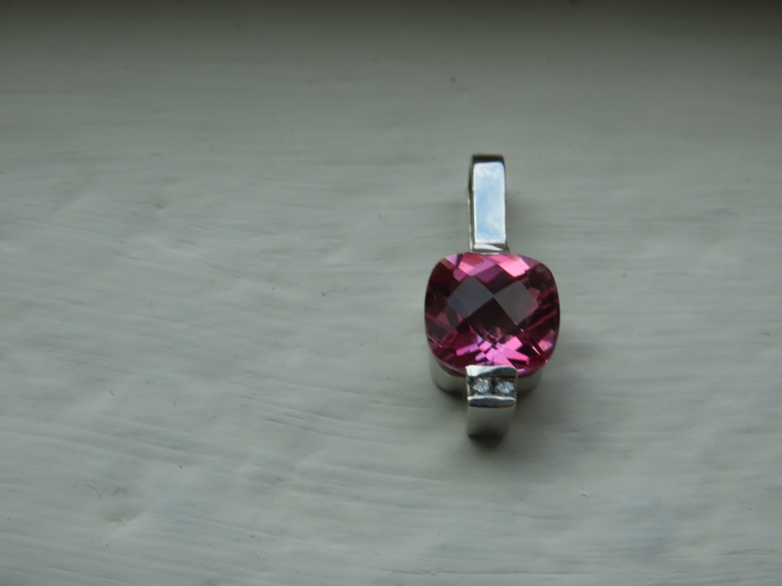 14K White Gold Cushion Cut Pink Topaz with .02 Diamonds Pendant