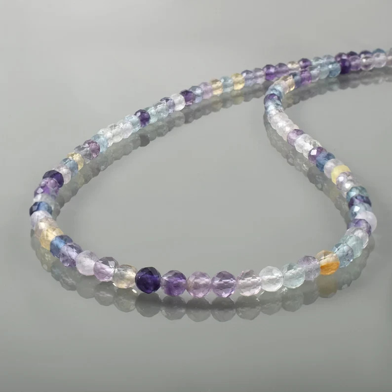 Natural Multicolor Fluorite Necklace 4mm Beaded Handmade 18″ 925 Sterling Silver