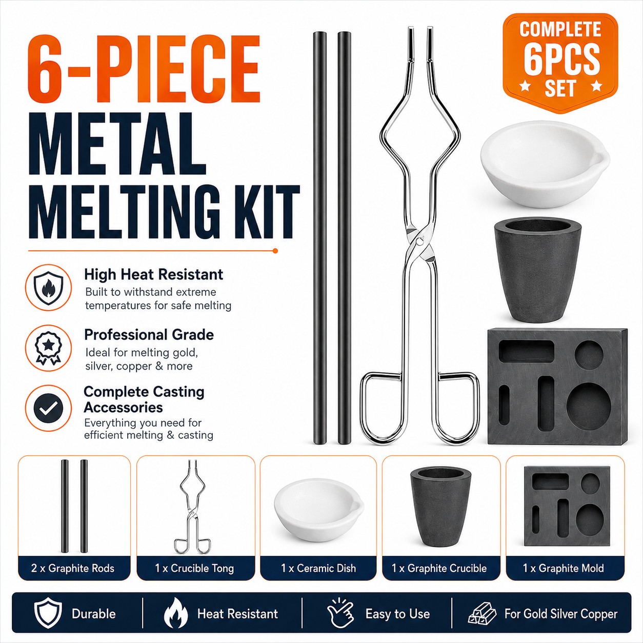 Graphite Casting Refining Kit 6PCS Mold Crucible Set for Gold Silver Copper