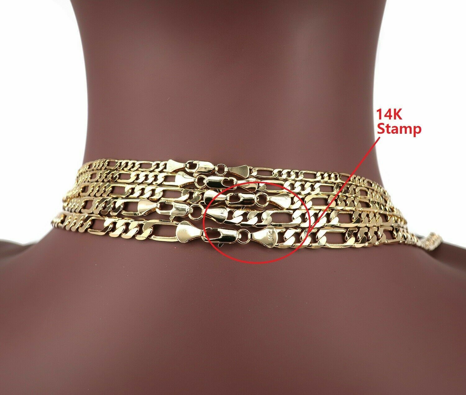 Italian Figaro Link Chain Necklace Bracelet 3mm to 6.5mm 14K Gold Plated