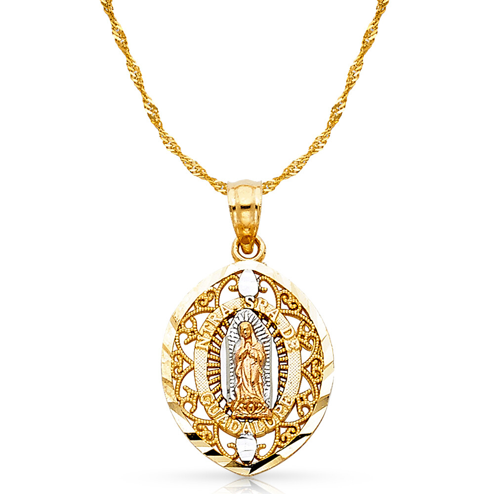 14K 3 Color Gold Our Lady of Guadalupe Pendant & 1.2mm Singapore Chain Necklace