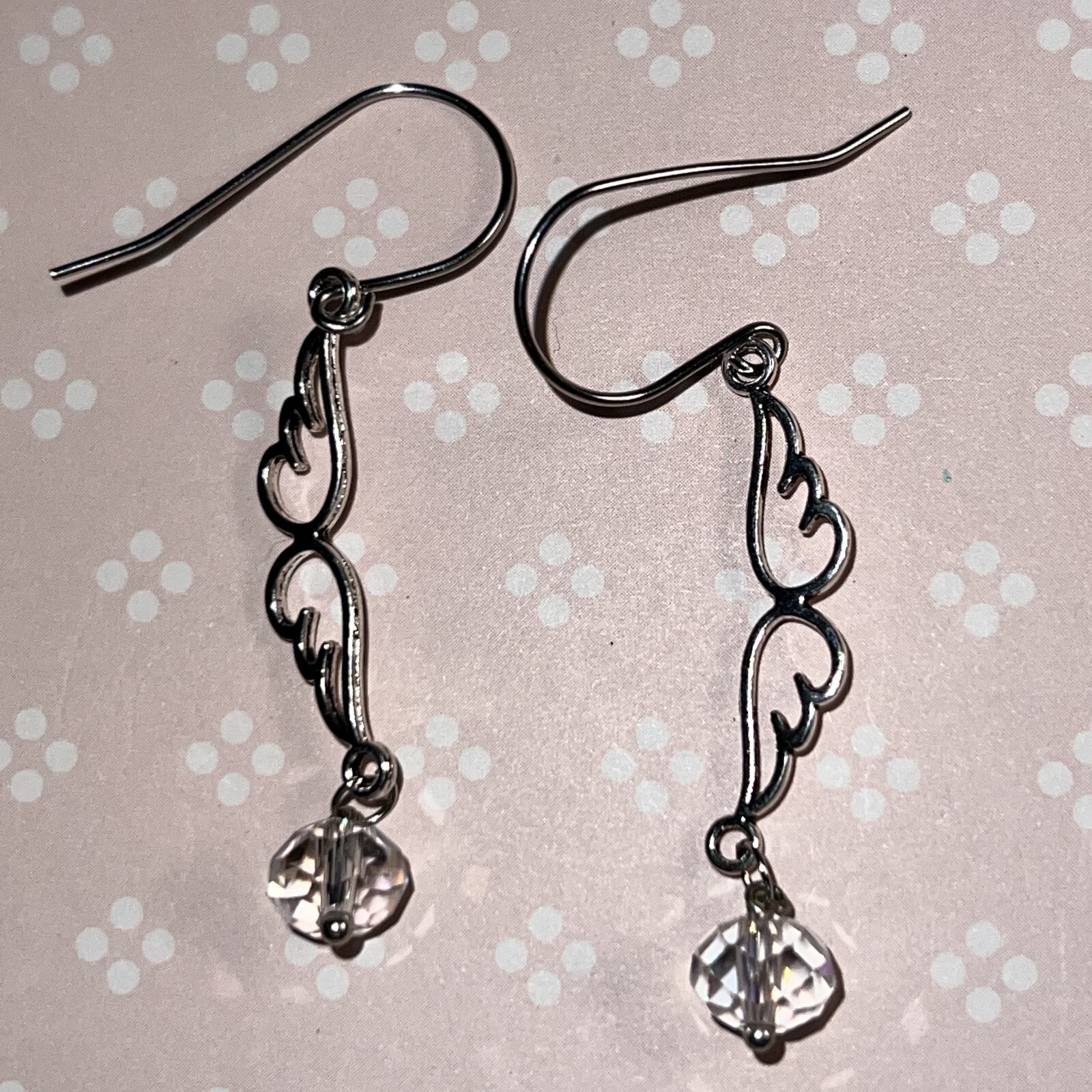 Silver Tone French Hook Angel Wings Beaded Dangle Earrings. Heaven. S303