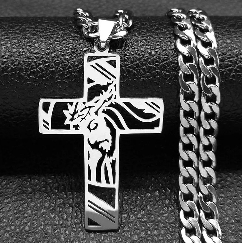 Cadena De Enlace Cubano Para Hombre Collar Con Colgante De Cruz Acero Inoxidable