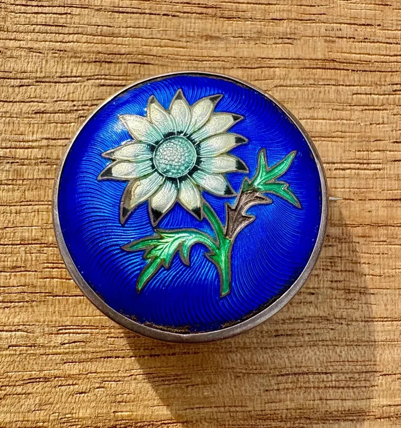 Antique 1916 Sterling Silver Guilloché Enamel Brooch, Daisy on Cobalt Blue