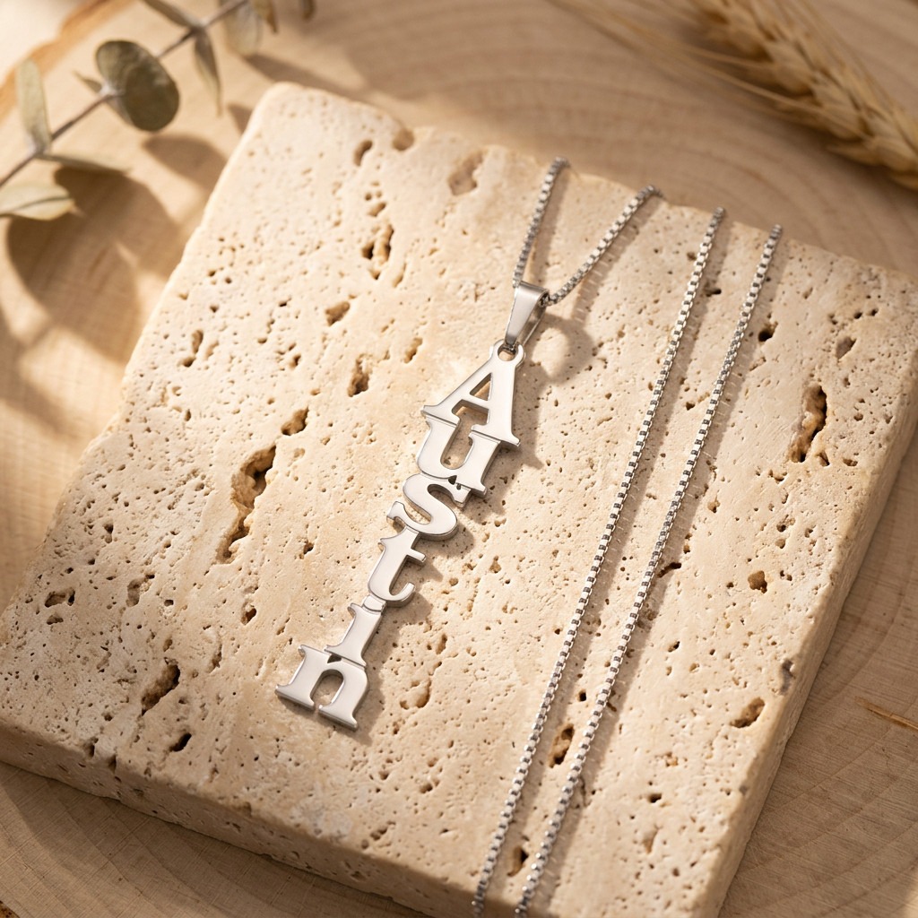 Personalized Vertical Name Necklace Custom Handmade Gift Box Chain