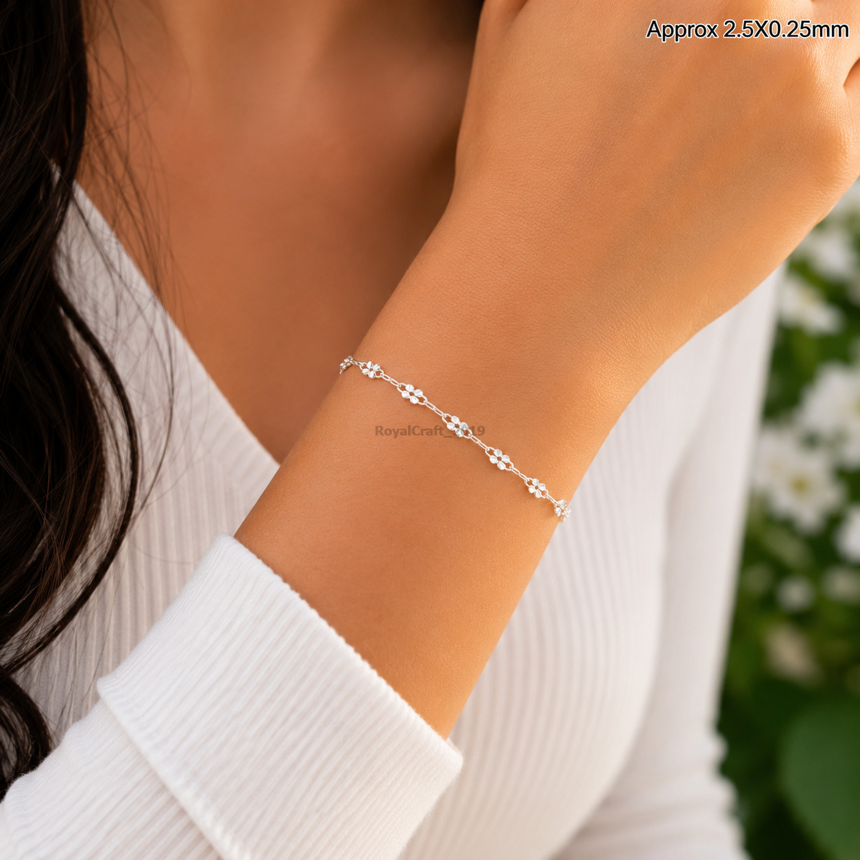 Solid Silver Flower Station Bracelet Cut Out Wrist Chain Jewelry