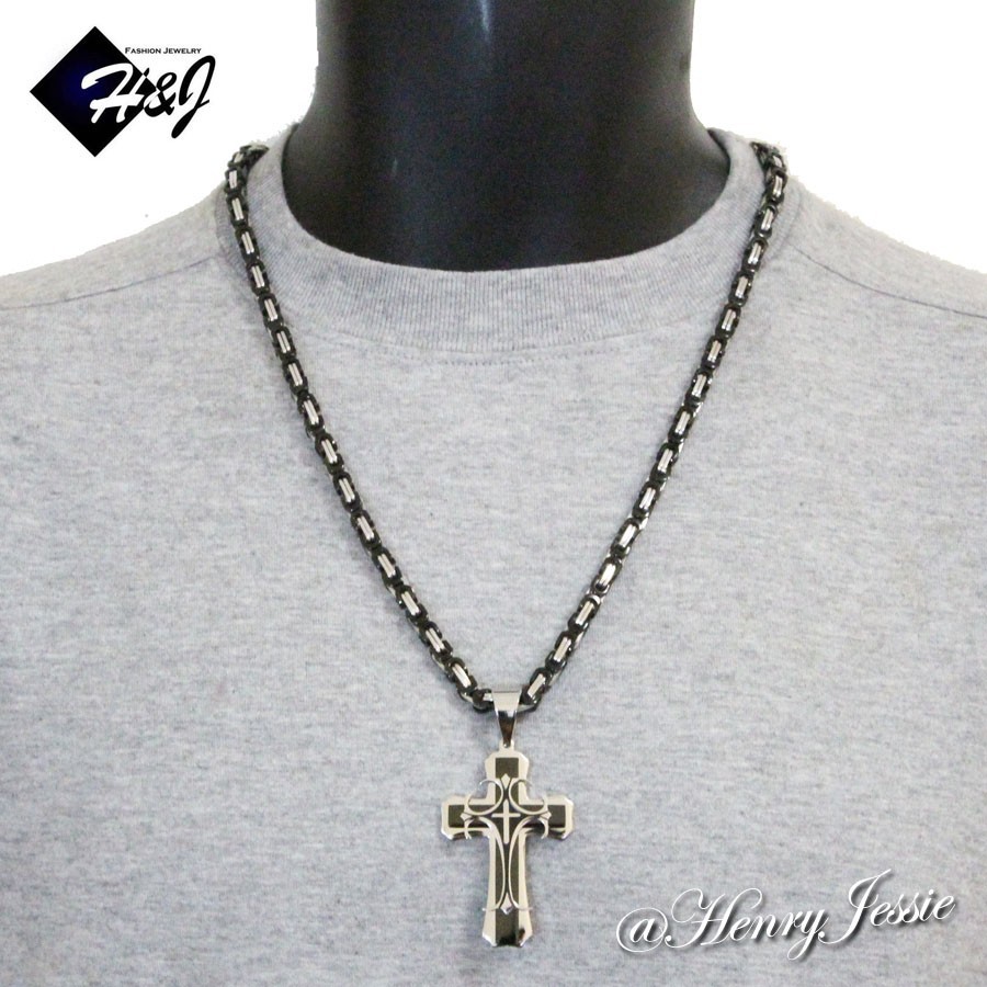 24″MEN’s Stainless Steel 6mm Silver/Black Plated Box Necklace Cross Pendant*BBH
