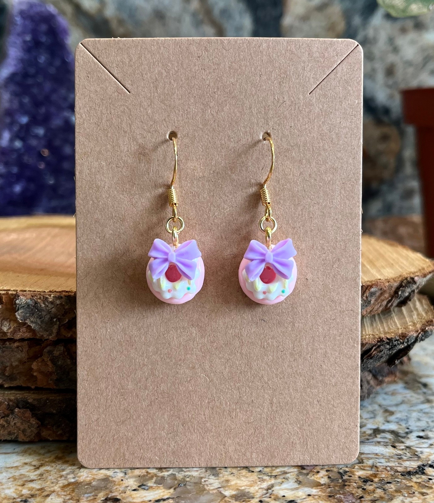 18K Gold Plated Bow Donut Doughnut Dessert Pink Purple Cute Handmade Earrings