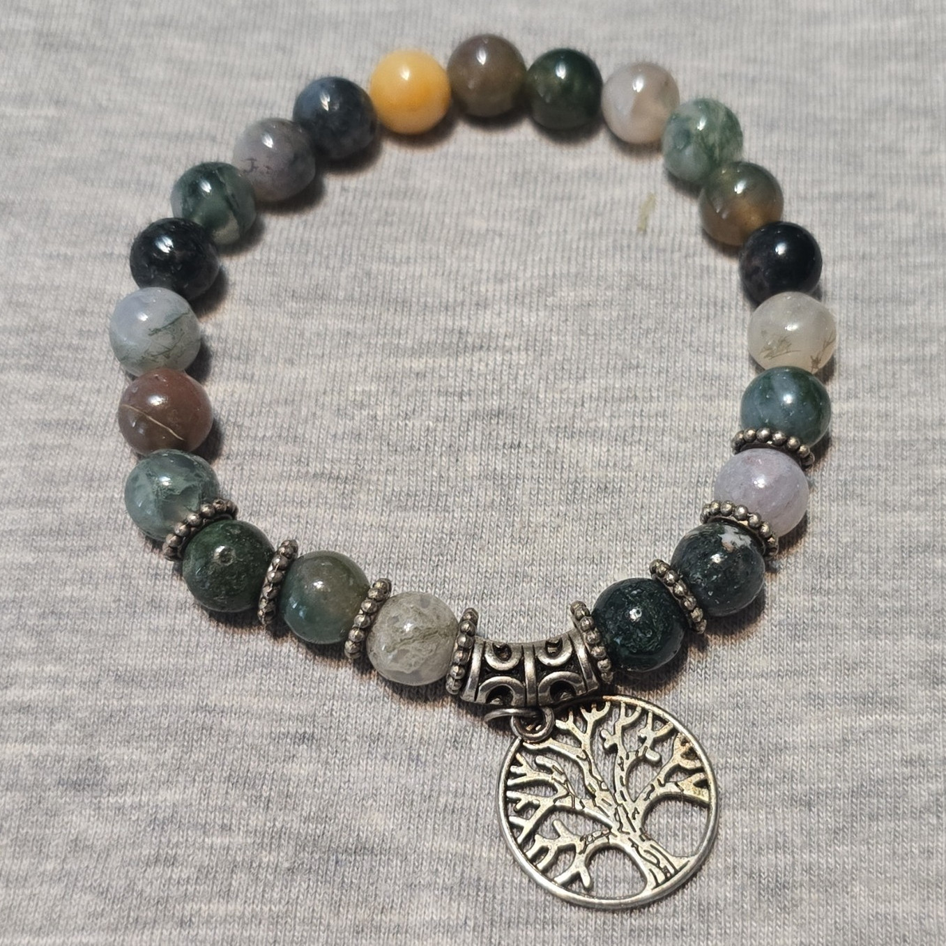 Moss Agate Beaded Stretch Bracelet Tree of Life Dangle Charm Stackable