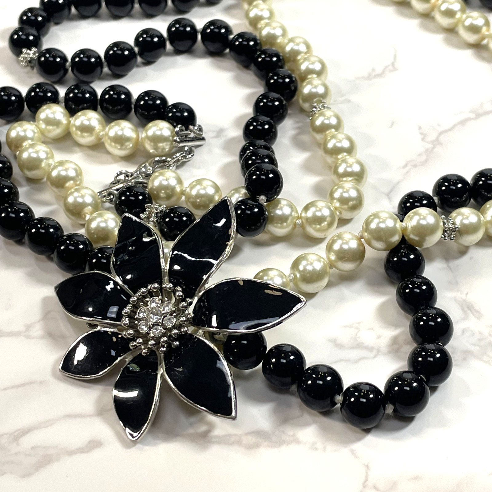 Stunning Talbots Signed Black Enamel Rhinestone Flower Two Strand Bead Necklace