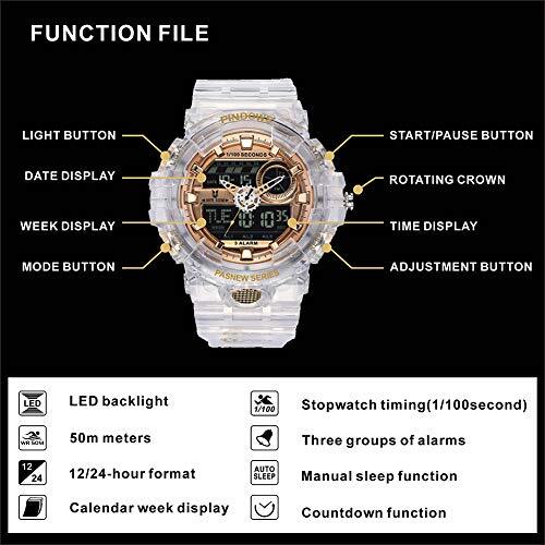 PINDOWS Analog Digital Wristwatch 50m Waterproof Date Multifunction Clear Black