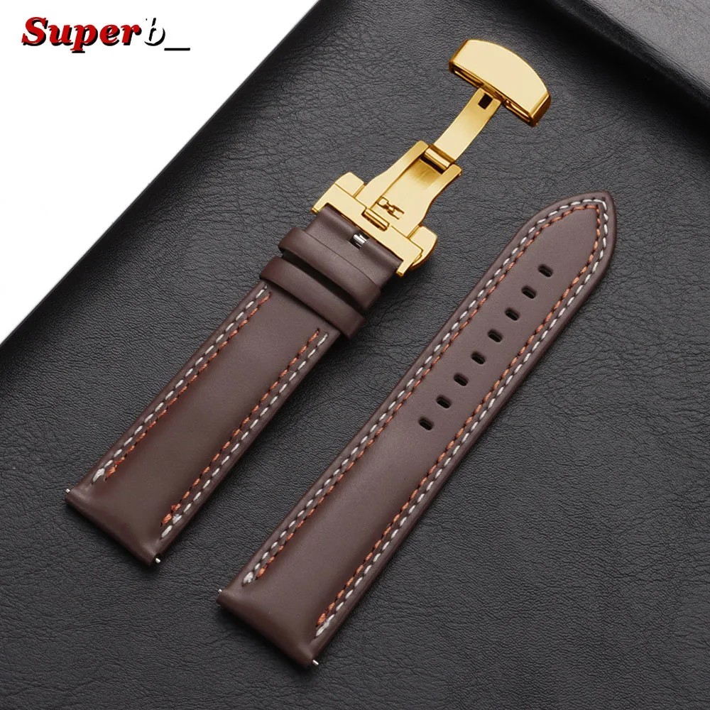 Genuine Calfskin Leather Watch Band 20mm 22mm 24mm Butterfly Buckle Strap