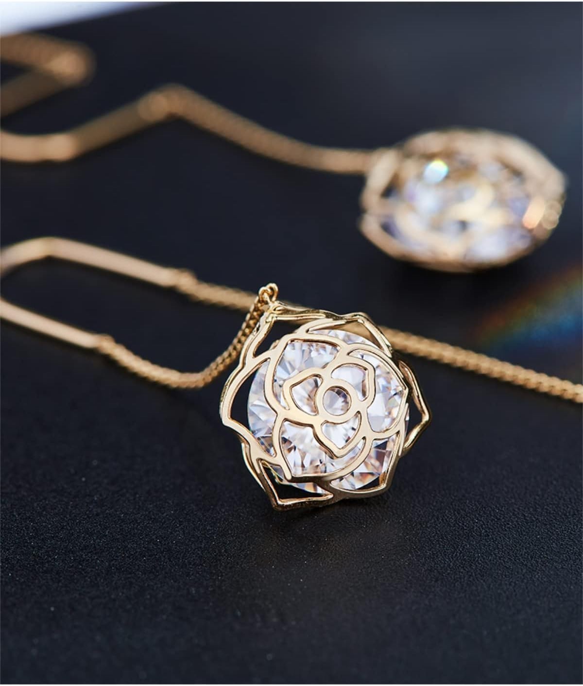 Aretes Largos de Cadena Flor Rosa Oro 14K para Mujer o Dama de Honor